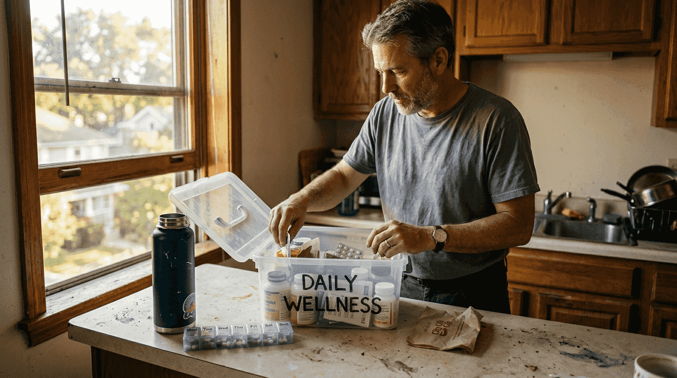 Man using labeled wellness kit on kitchen counter