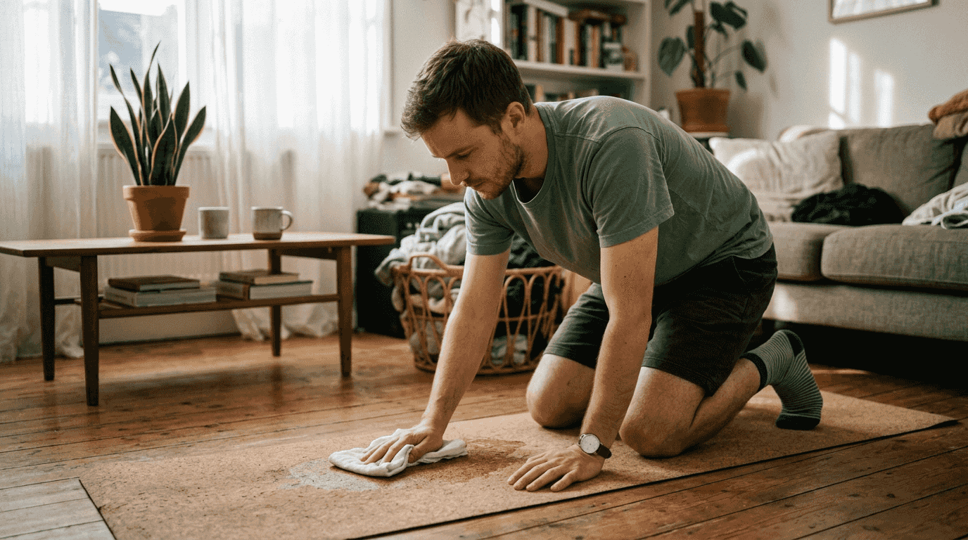 Man cleaning cork yoga mat at home