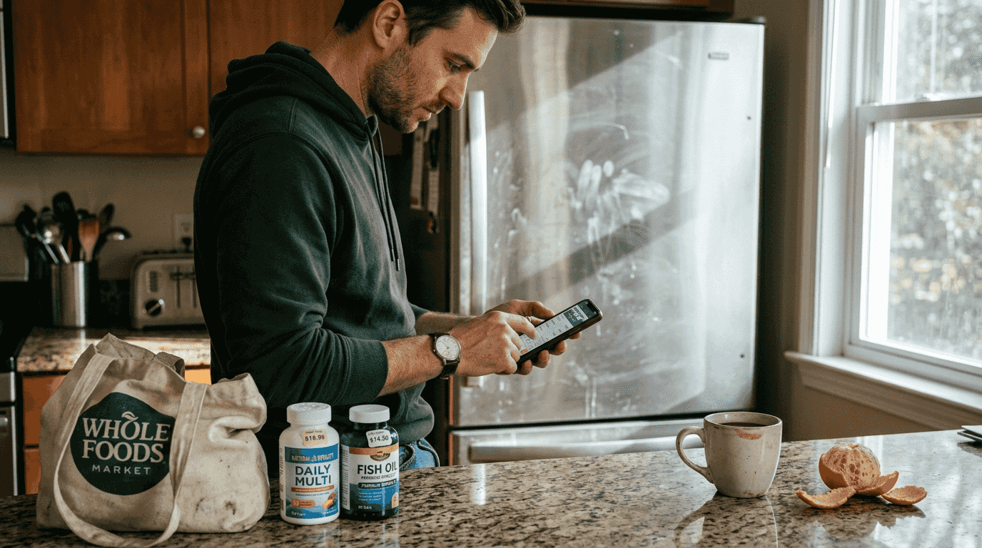 Man checking supplement discounts in kitchen