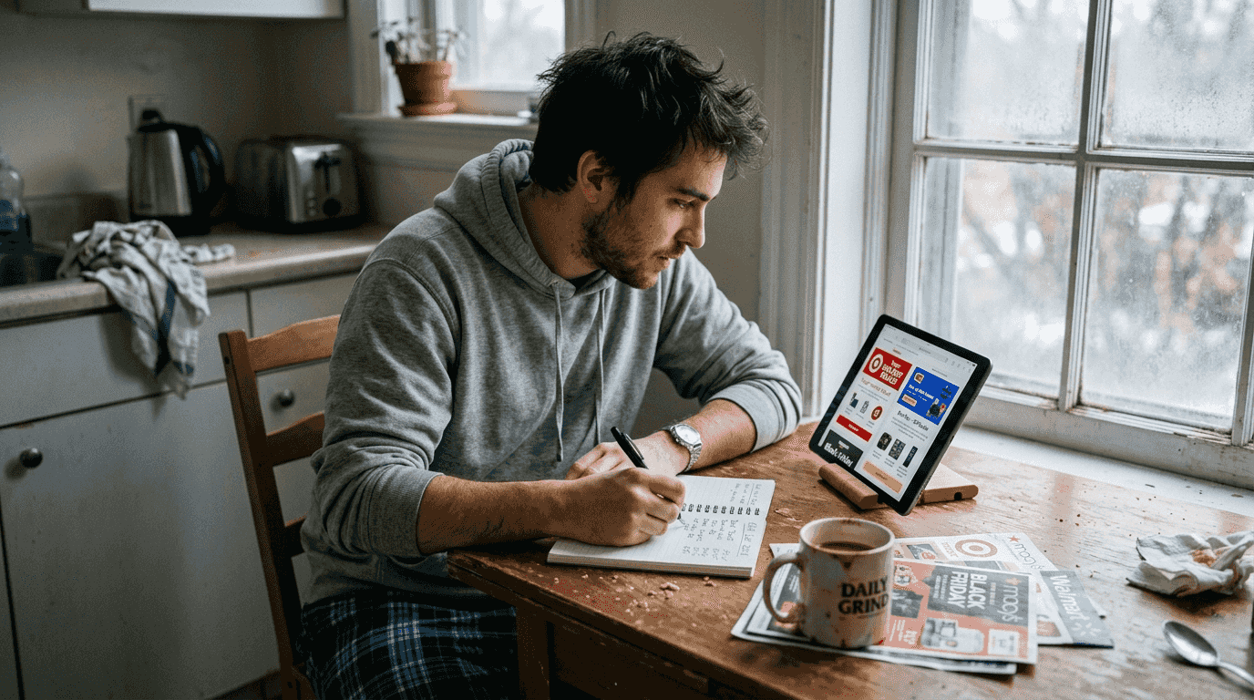 Man planning holiday deals with flyers and tablet