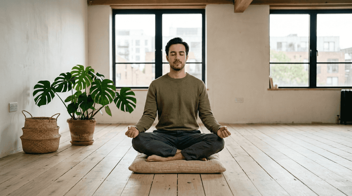 Minimalist loft with man meditating and plants