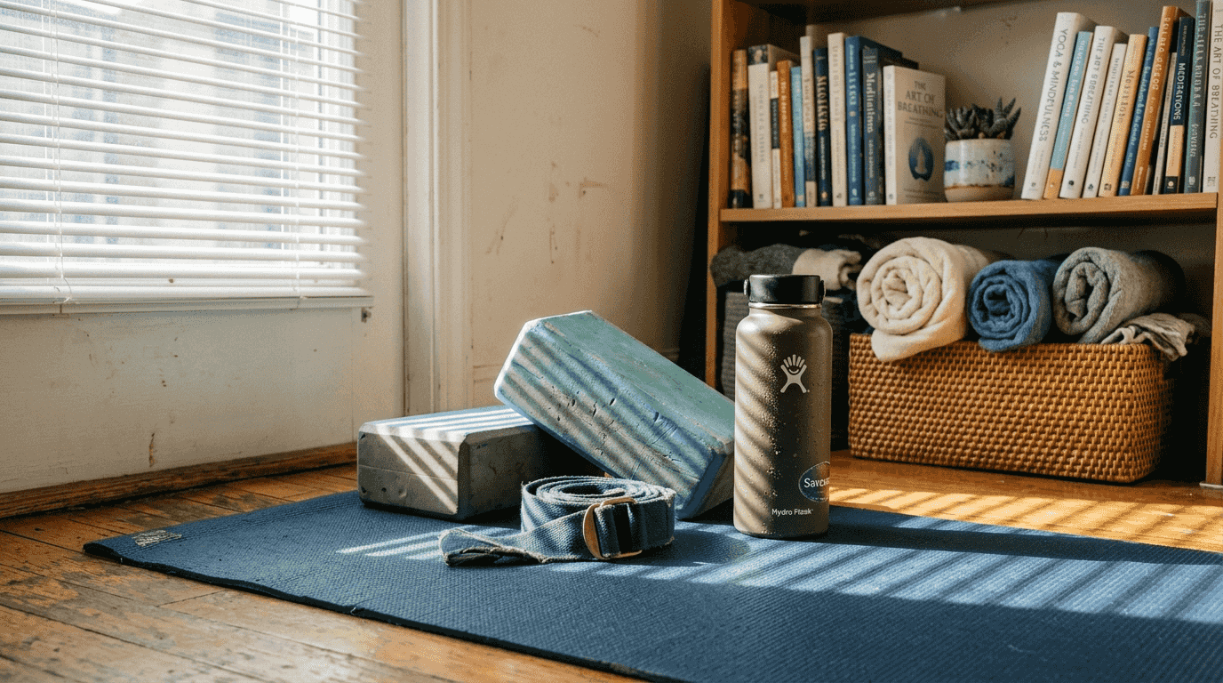 Essential home yoga equipment on mat