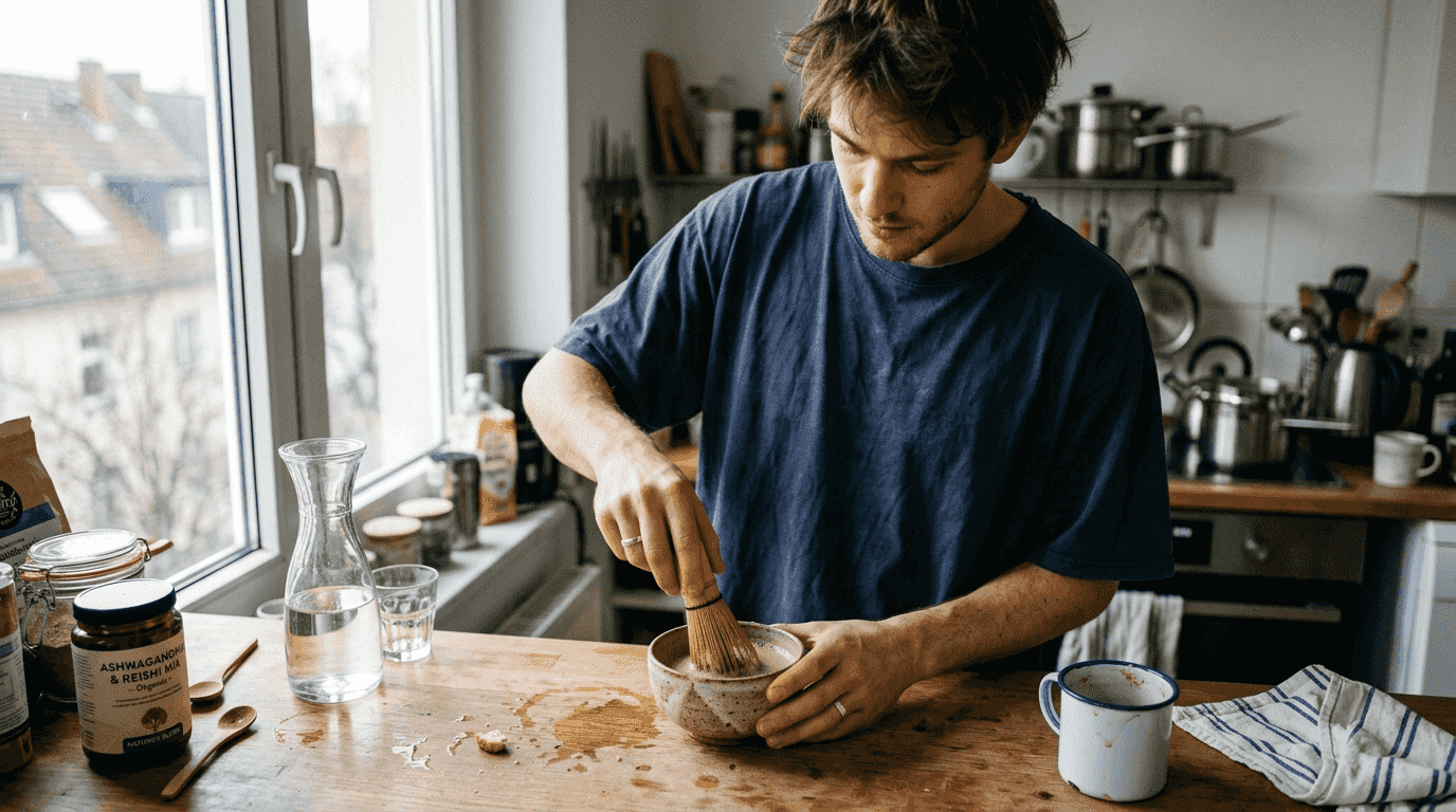 Man preparing matcha wellness beverage