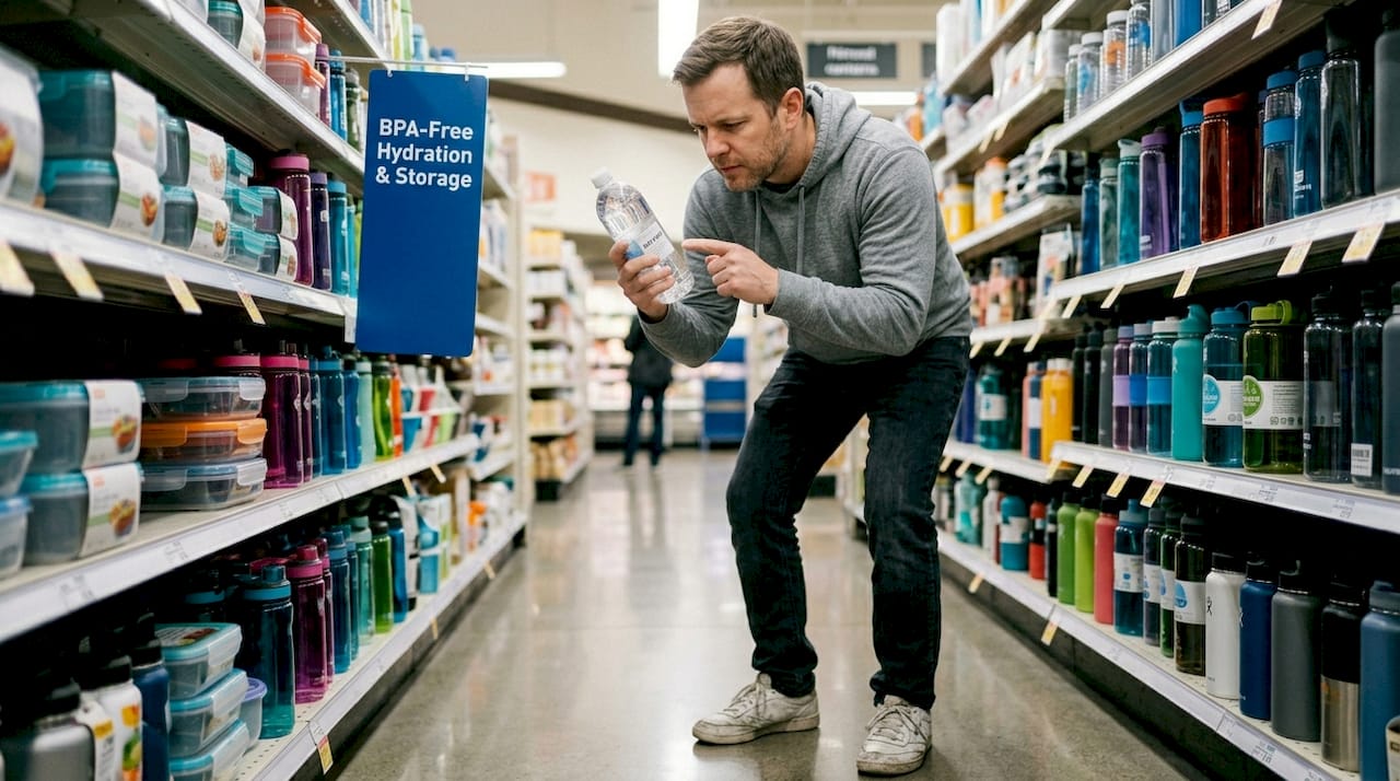 Man reading BPA-free label in store aisle