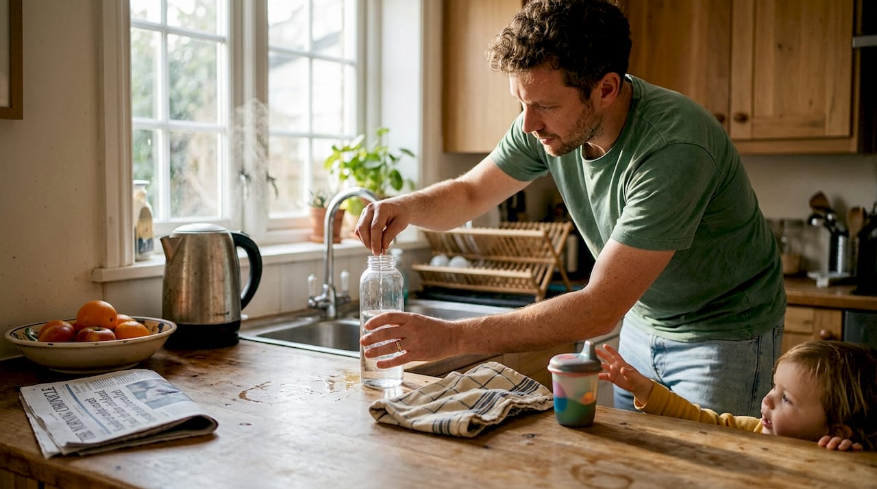 Father filling glass bottle at sunlit kitchen table