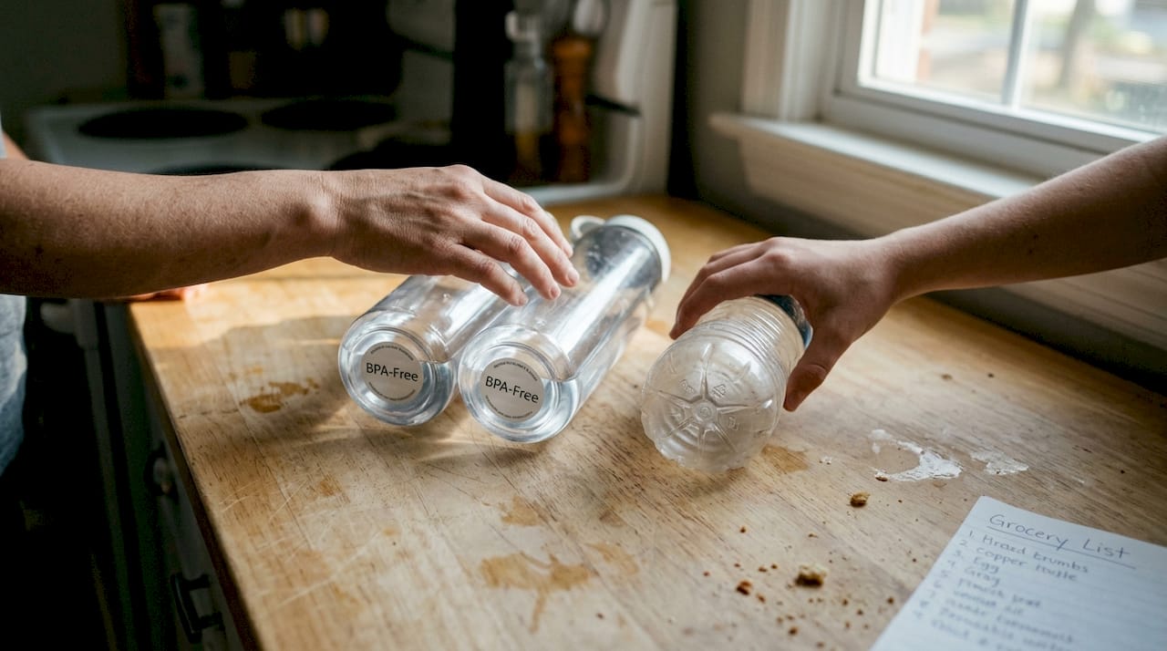 Hands compare BPA-free and regular bottles