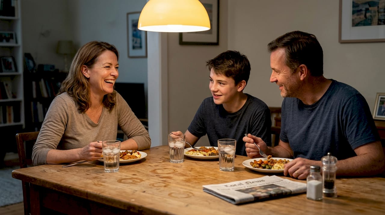 Family drinking water at dinner table