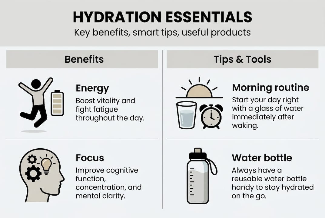 Infographic summarizing hydration benefits and tips