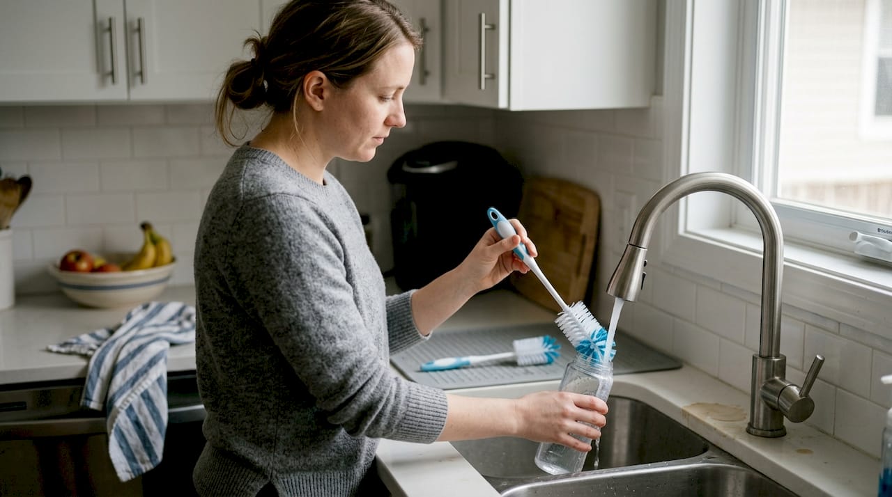 Cleaning reusable bottle at home kitchen sink