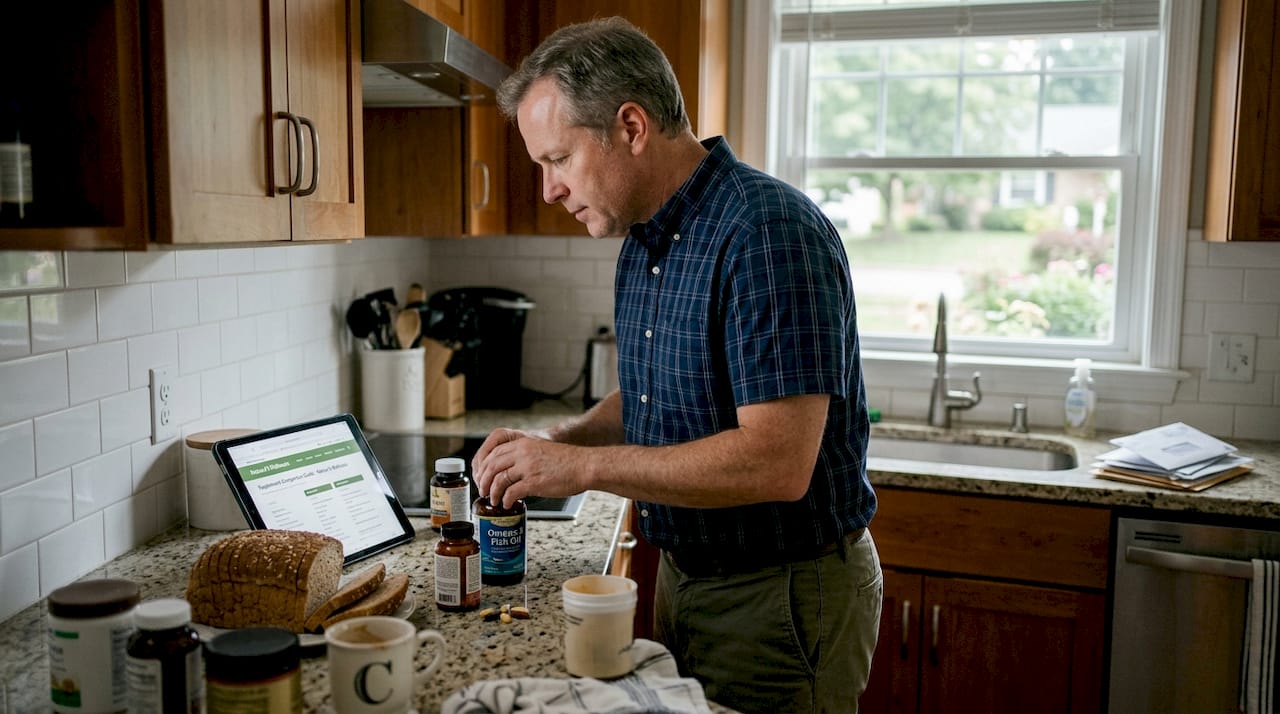 Man reviewing wellness supplement options on tablet