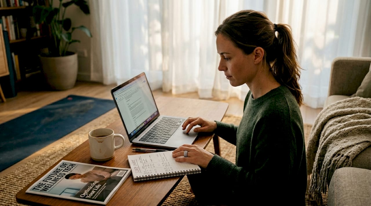 Woman wearing Oura Ring while working at home