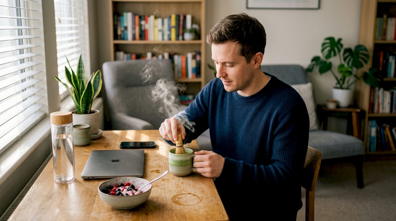 Man preparing matcha at home desk