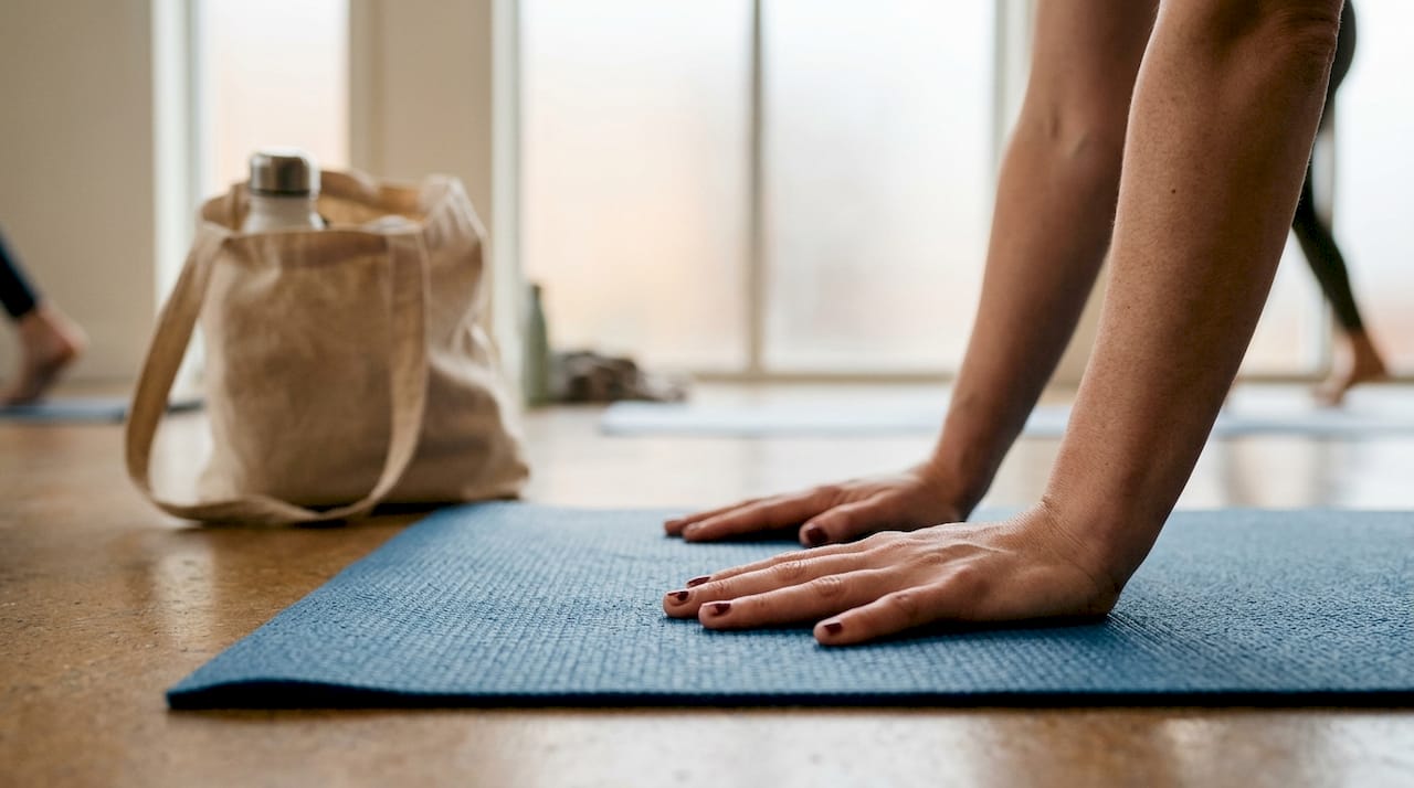 Hands testing yoga mat thickness and grip