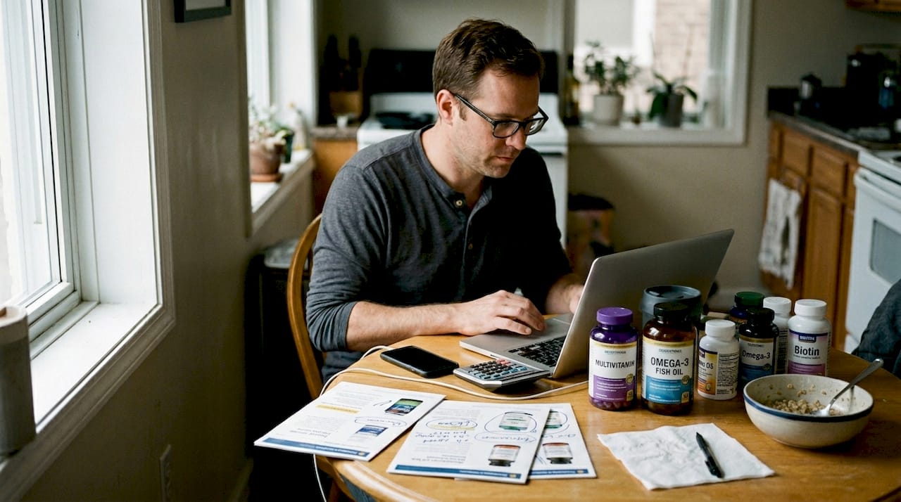 Man calculates savings on wellness products