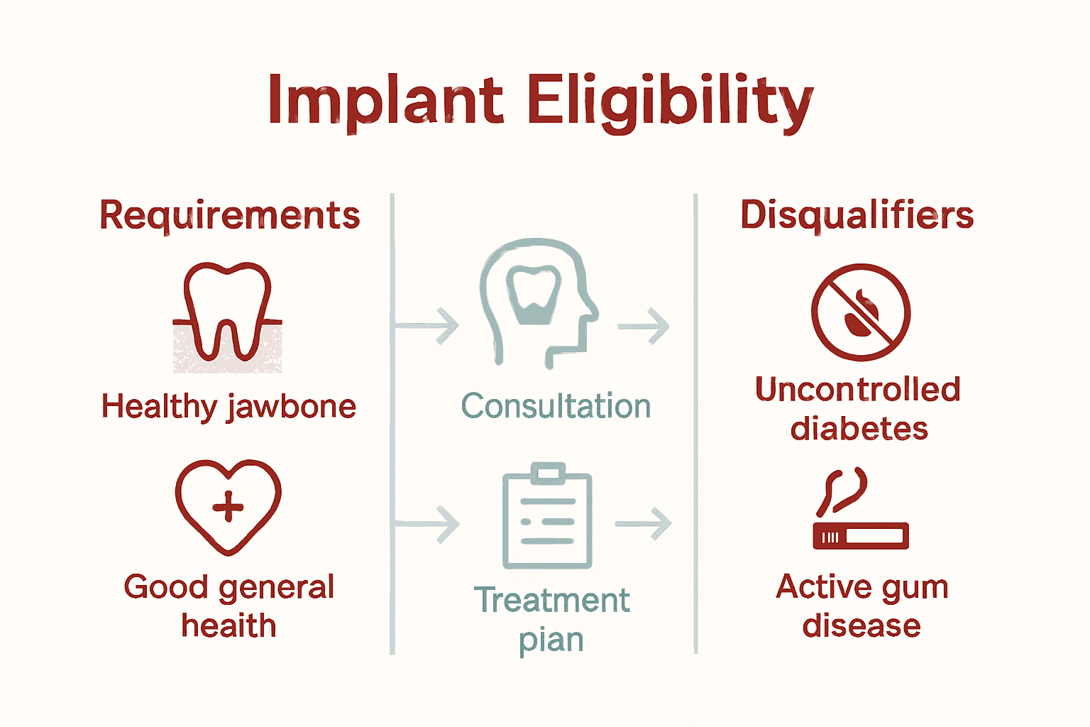 Dental implant candidacy infographic showing criteria, process, and disqualifying factors