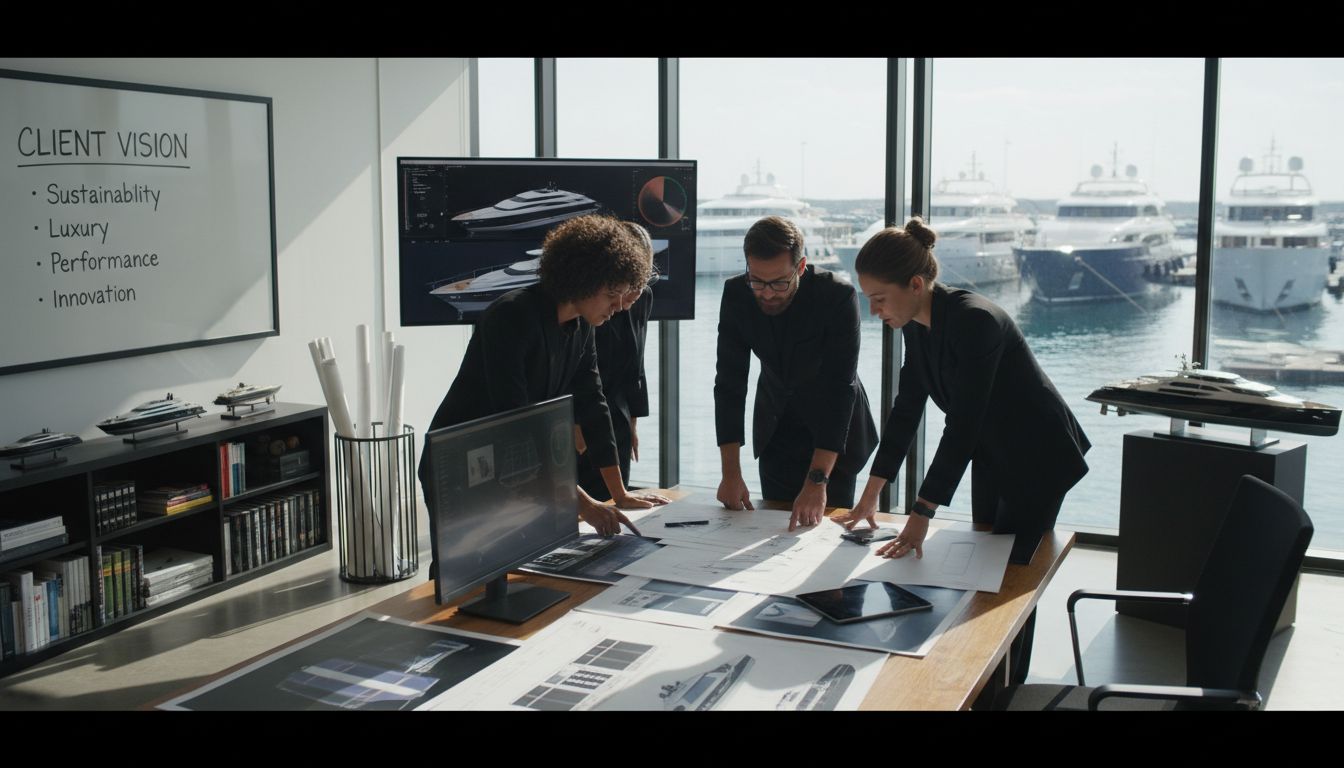 Naval architects in modern yacht design studio