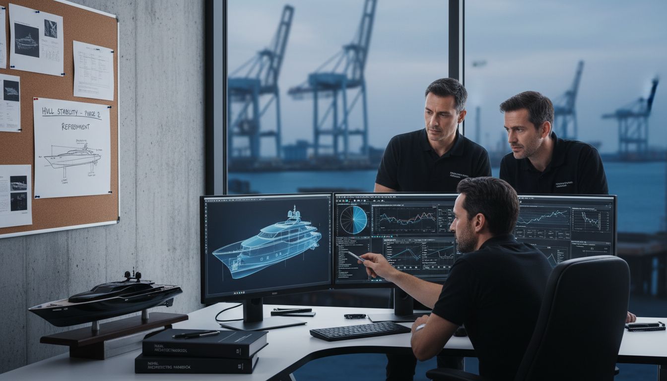 Engineers analyzing yacht model performance