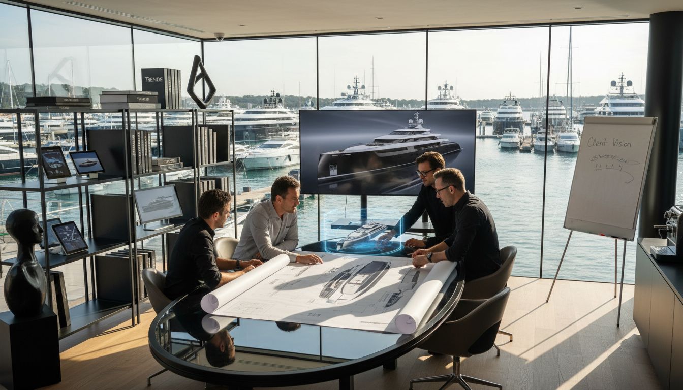 Yacht design team in modern studio meeting