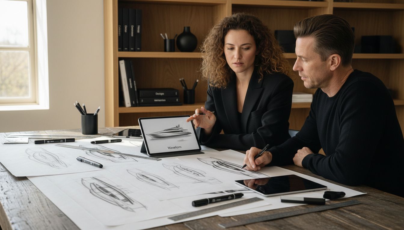 Designers reviewing yacht concept sketches