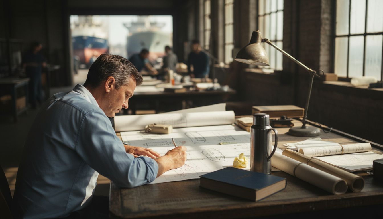 Naval architect sketching blueprints at cluttered desk