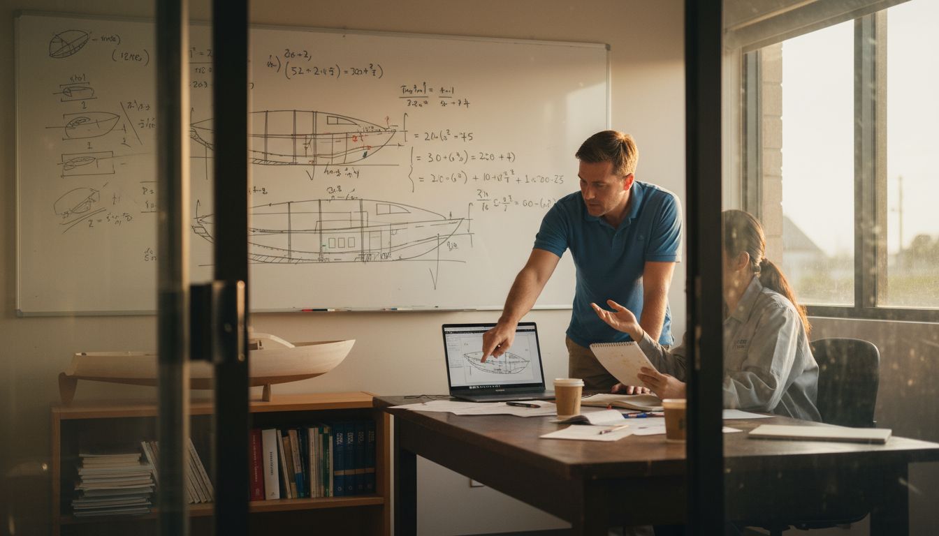 Yacht engineers working on whiteboard diagrams