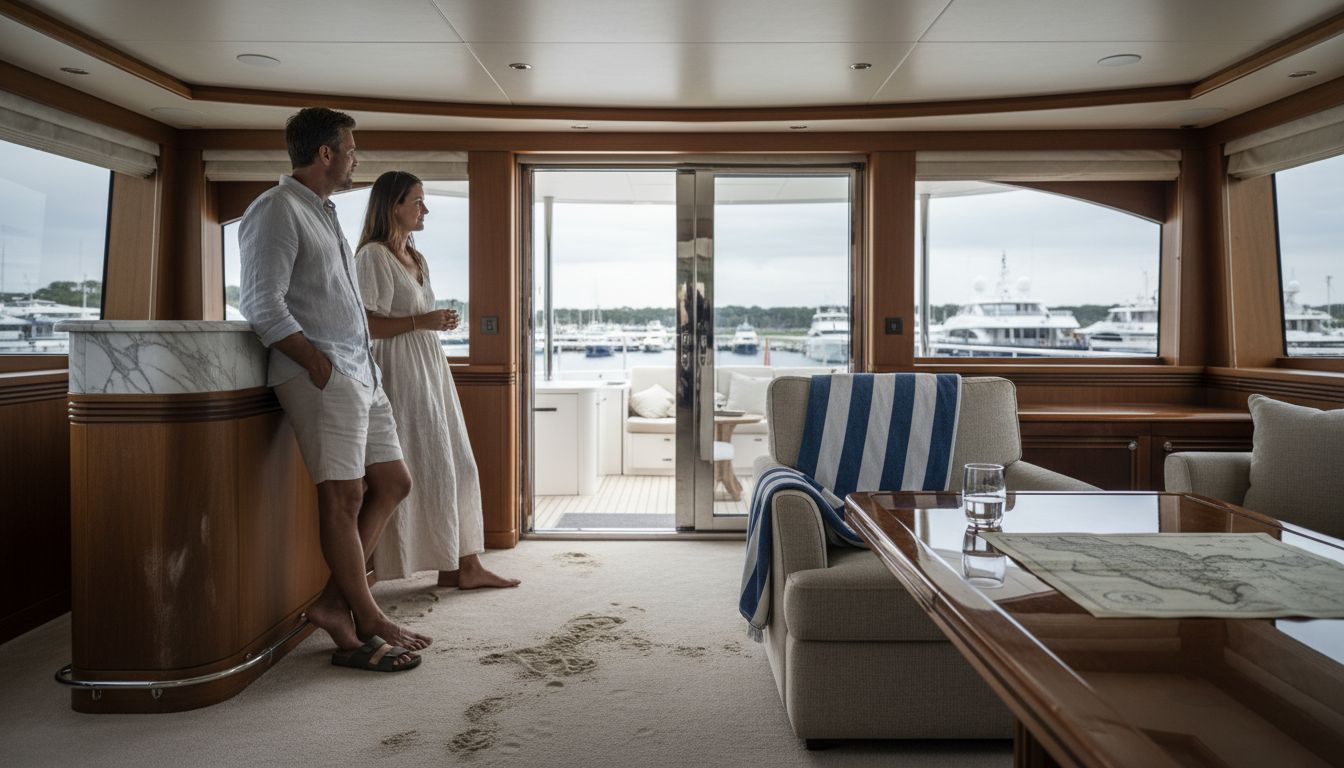 Guests in luxury yacht interior salon 2025