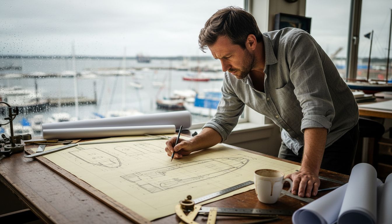 Yacht designer sketching plans at desk