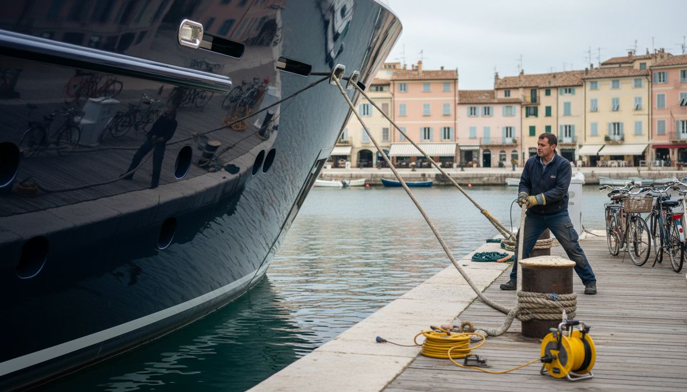 Superyacht docked with marina activity