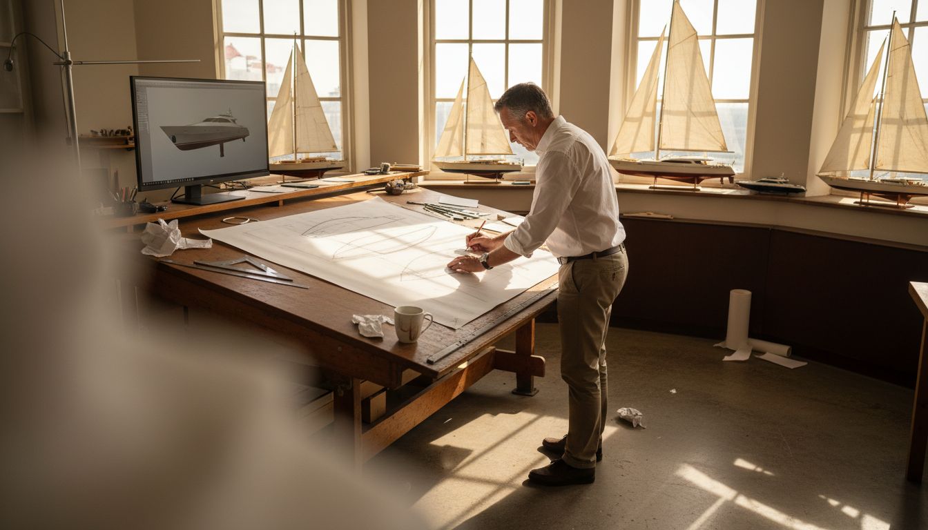 Designer sketching at yacht design studio table