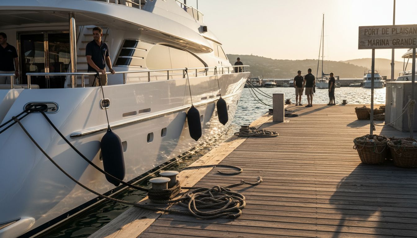 Luxury yacht at marina with crew working on deck