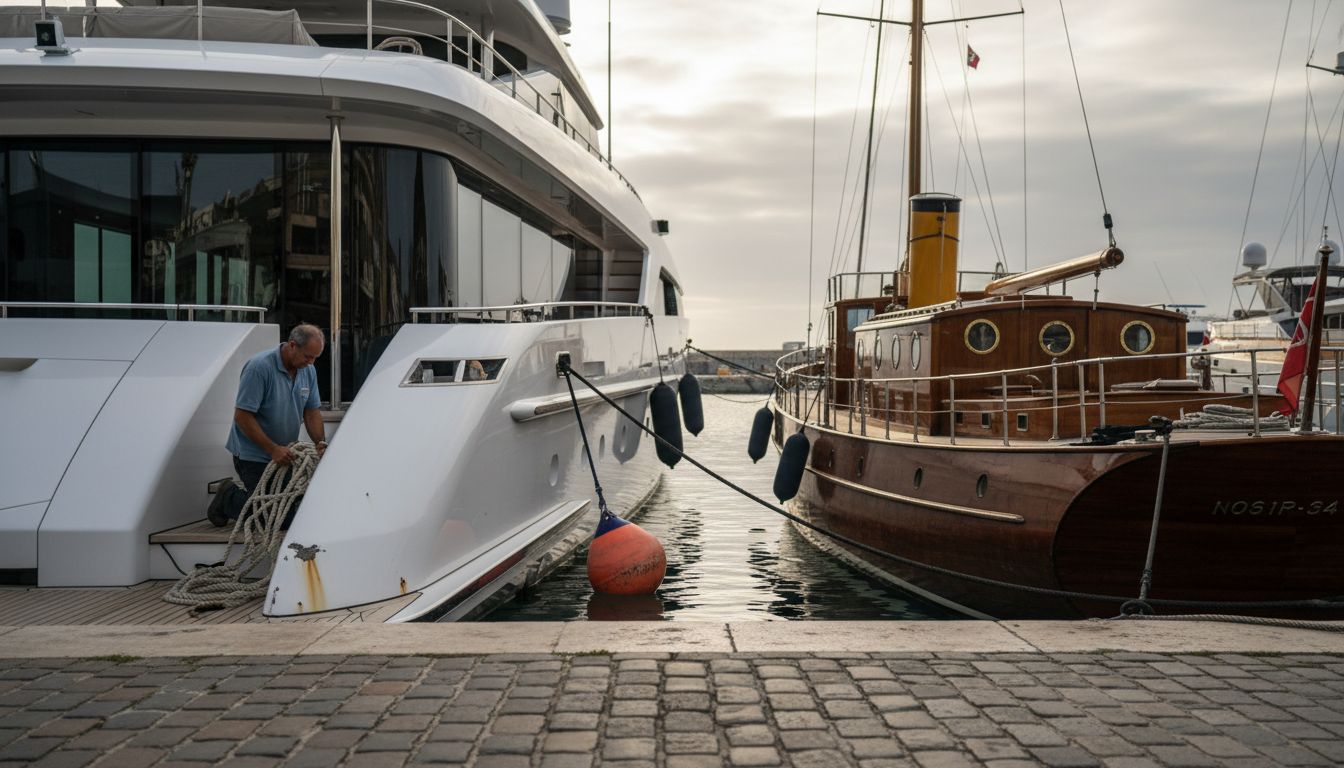 Modern and classic yachts docked side by side
