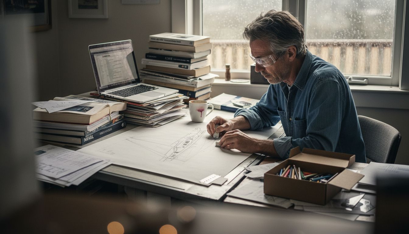 Designer sketching yacht plans at cluttered desk