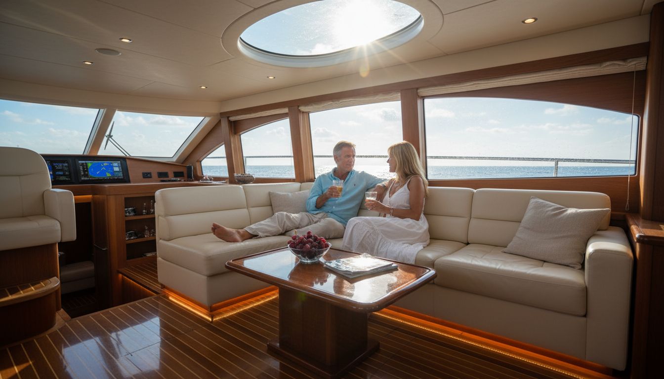 Couple relaxing in luxury yacht salon interior