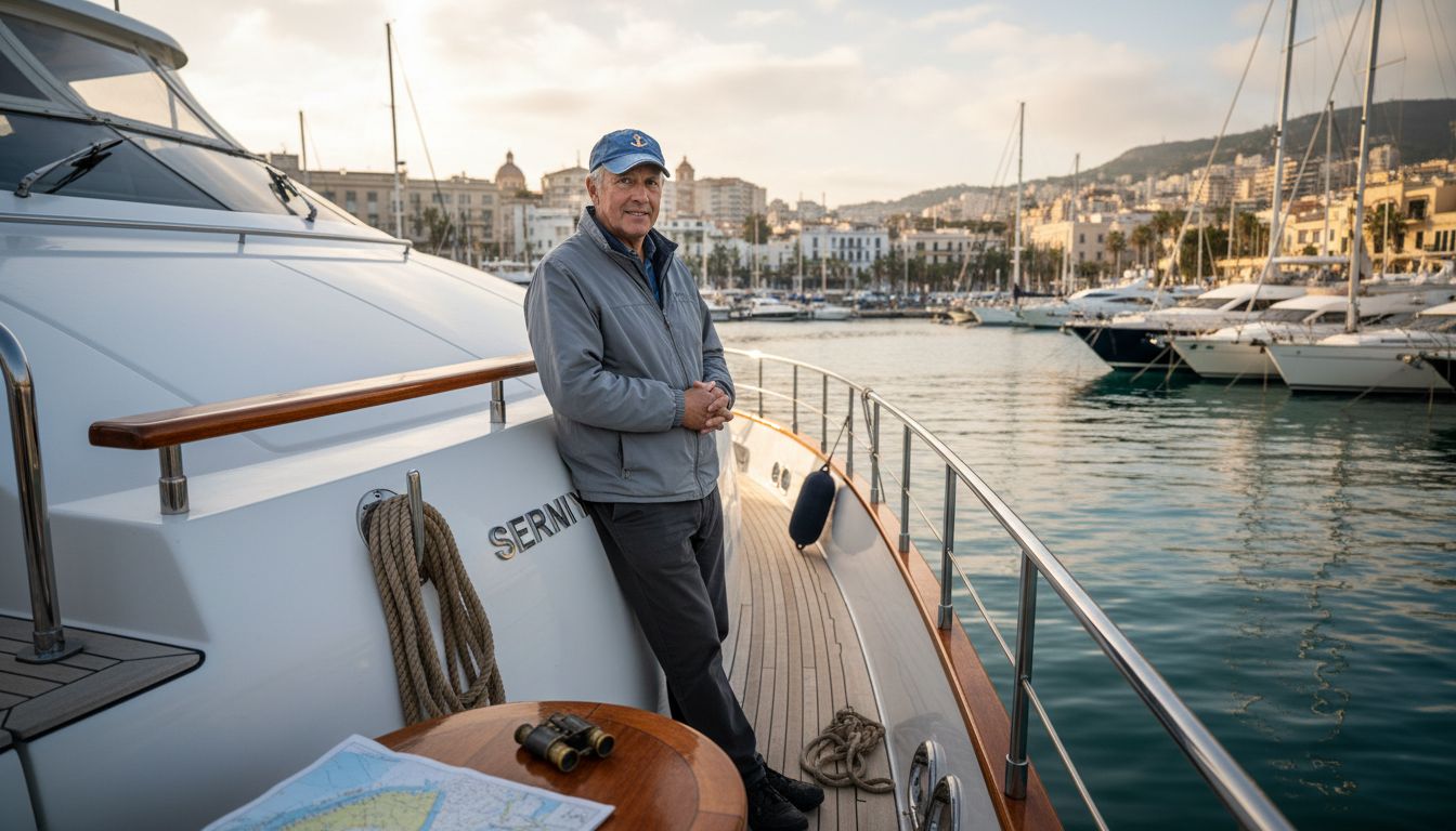 Yachtsman on docked luxury yacht at marina