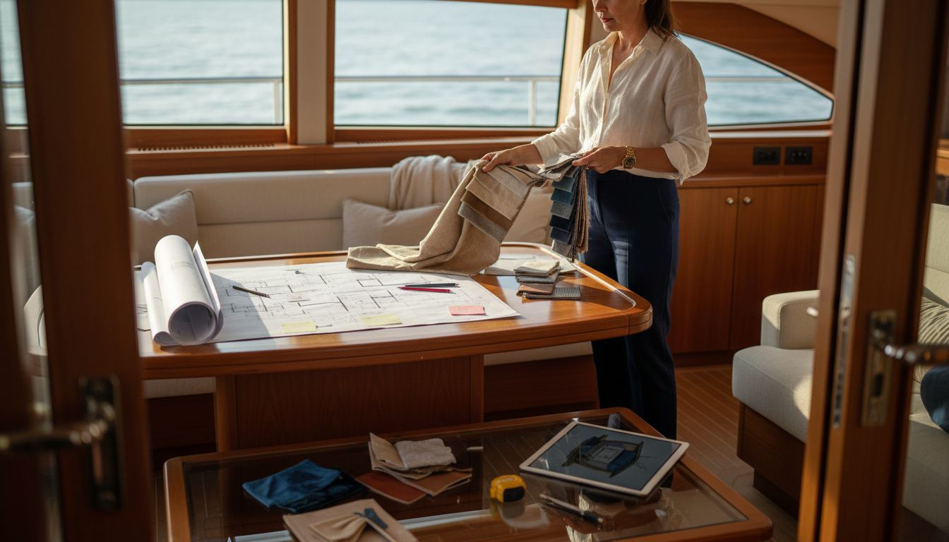 Designer reviewing yacht interior plans in salon