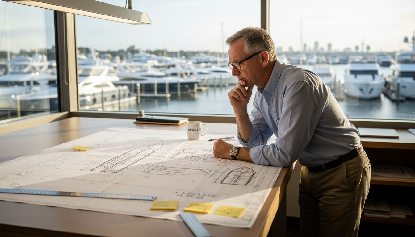 Naval architect studying yacht blueprints in studio