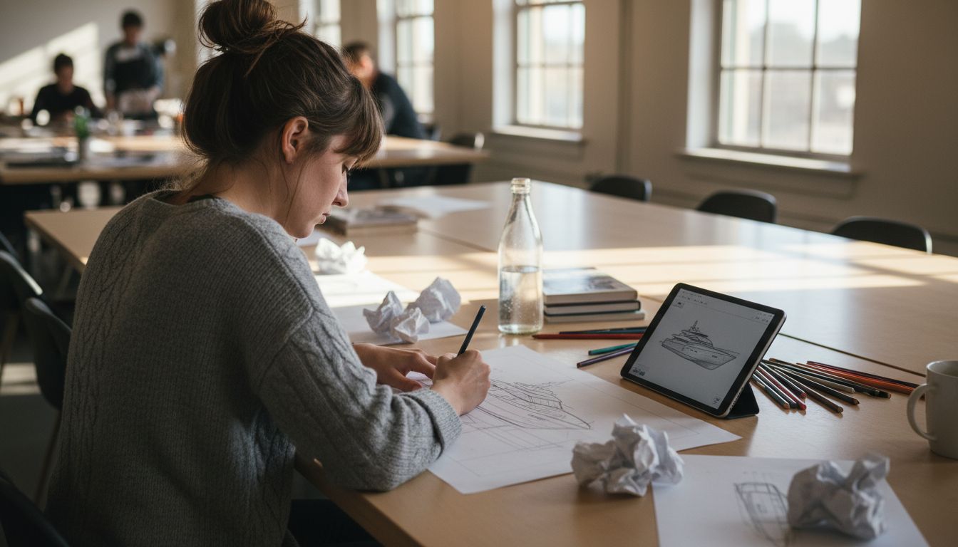 Designer sketching luxury yacht concept drafts