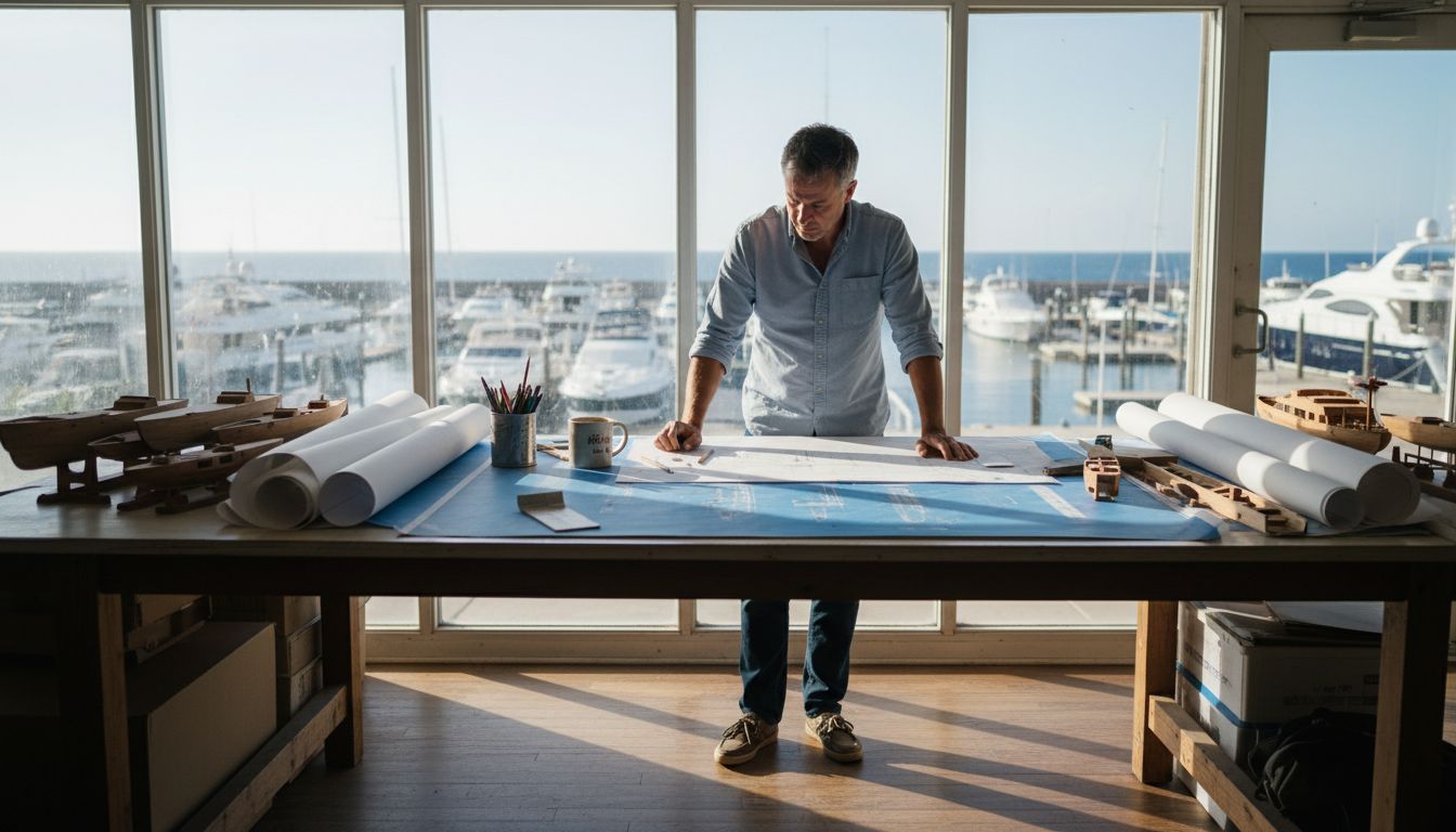 Designer in yacht studio reviewing blueprints