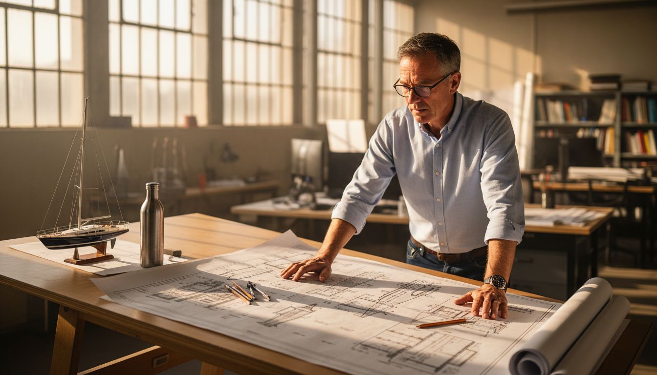 Naval architect studies yacht blueprint at drafting table