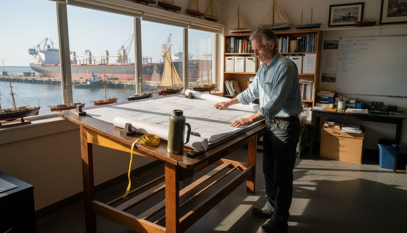 Naval architect reviewing blueprints in shipyard office