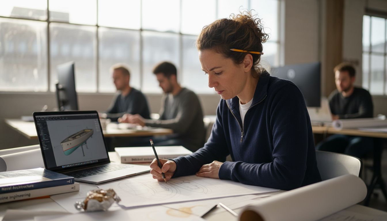 Yacht designer sketching hull in shared studio