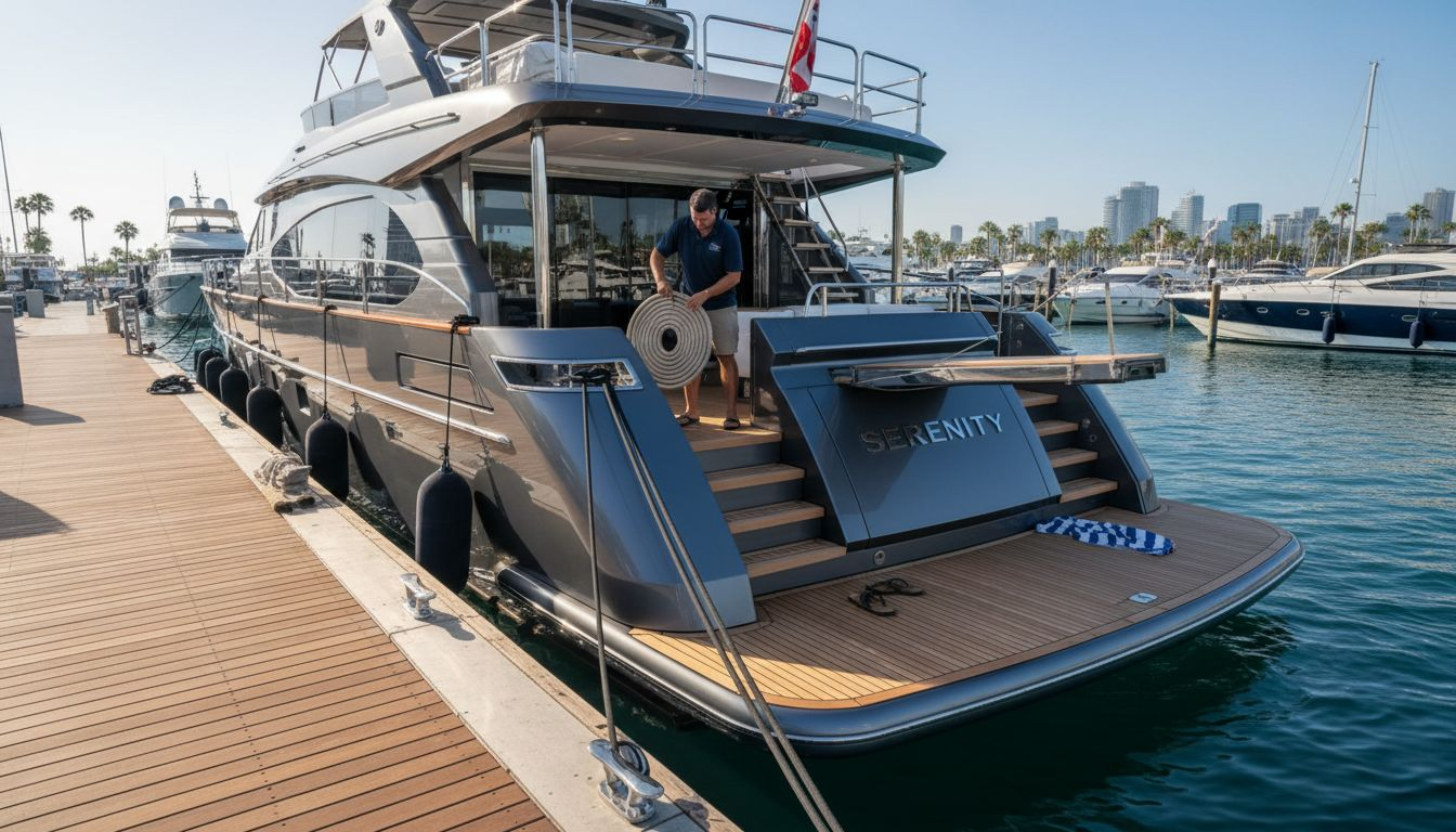 Crew member on modern yacht dock morning
