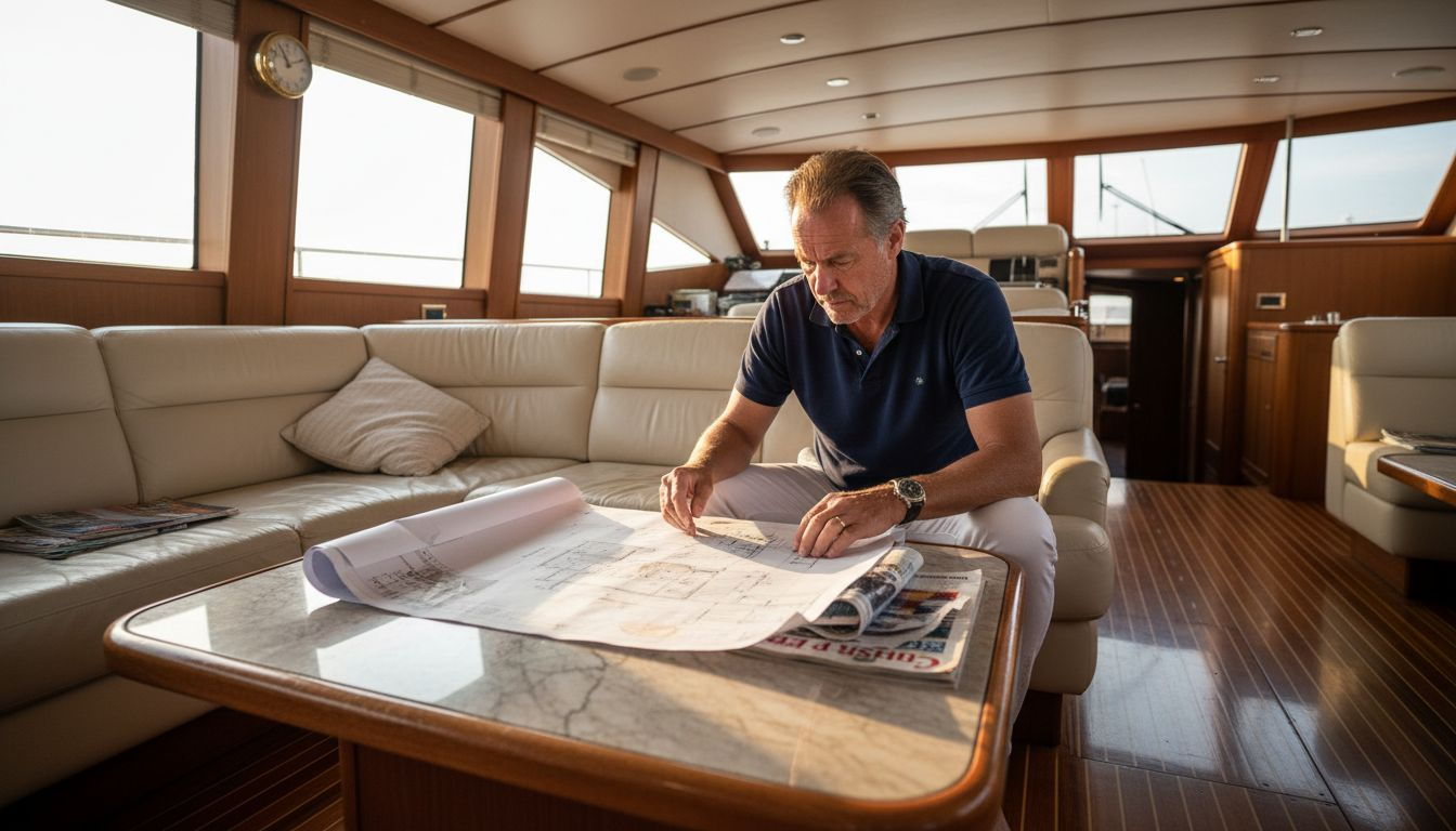 Owner studying blueprint in yacht salon