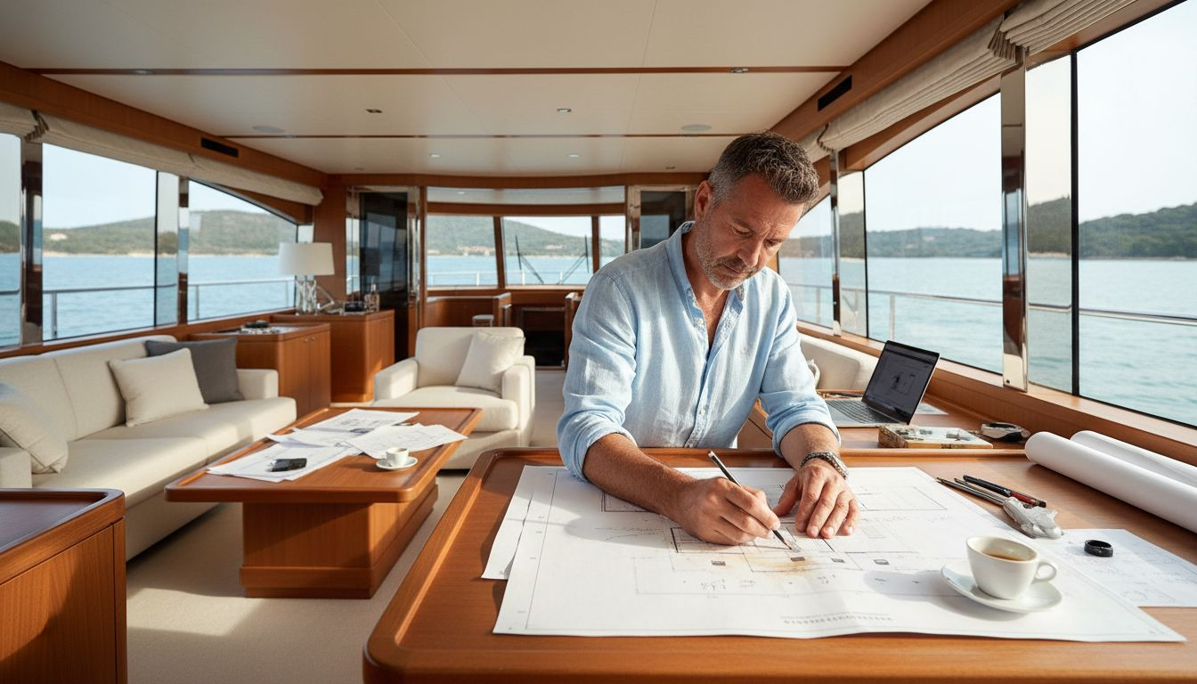 Interior architect sketching plans on yacht