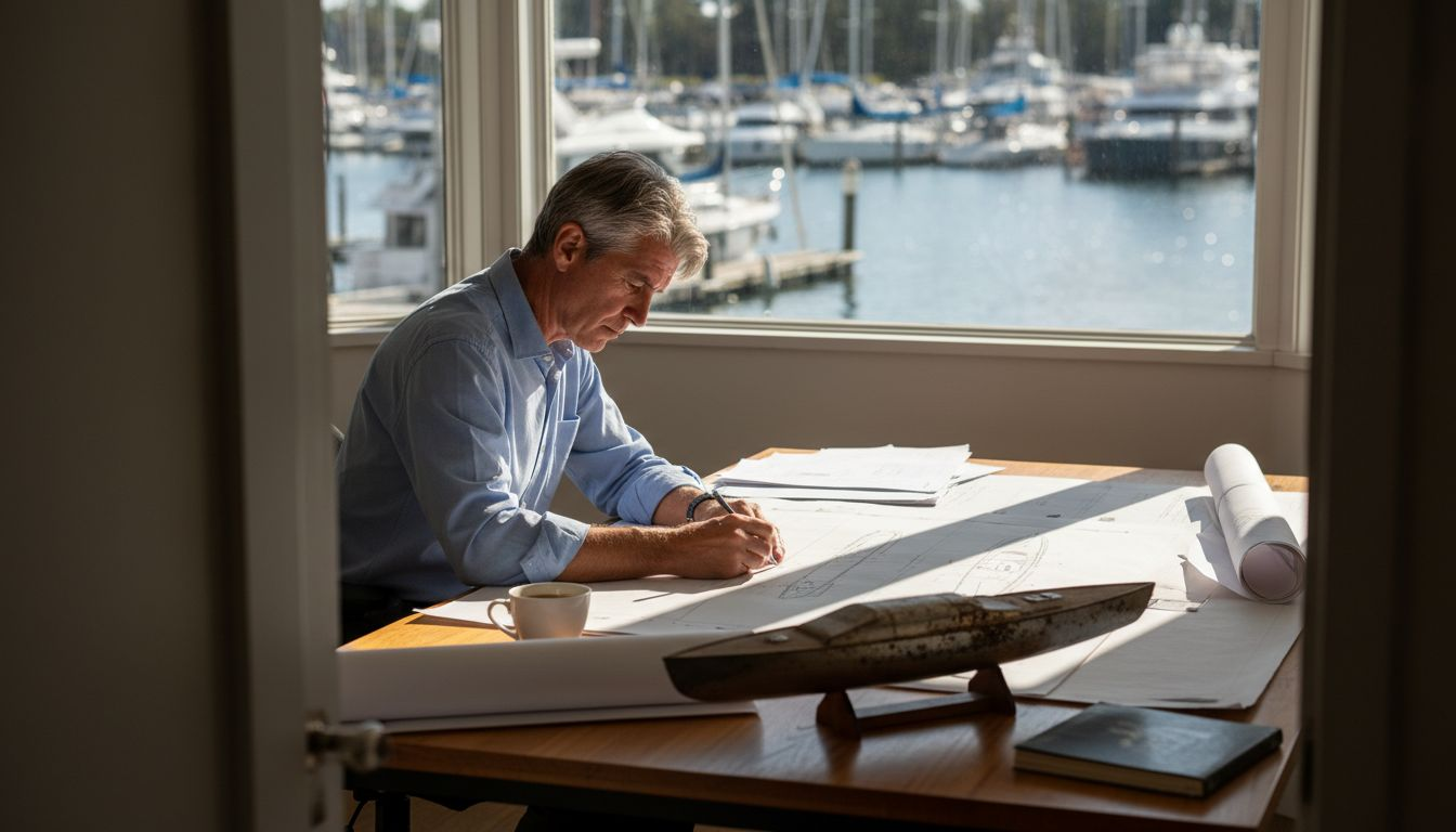 Naval architect sketching luxury yacht designs
