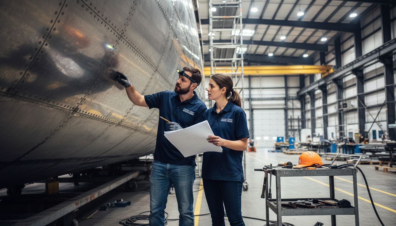 Engineers inspecting luxury yacht construction