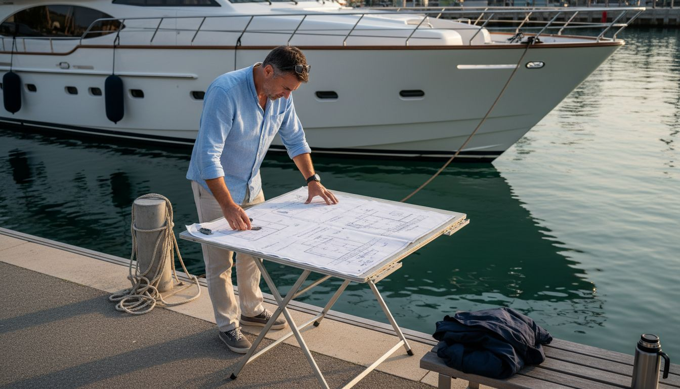 Yacht designer with blueprints on marina dock