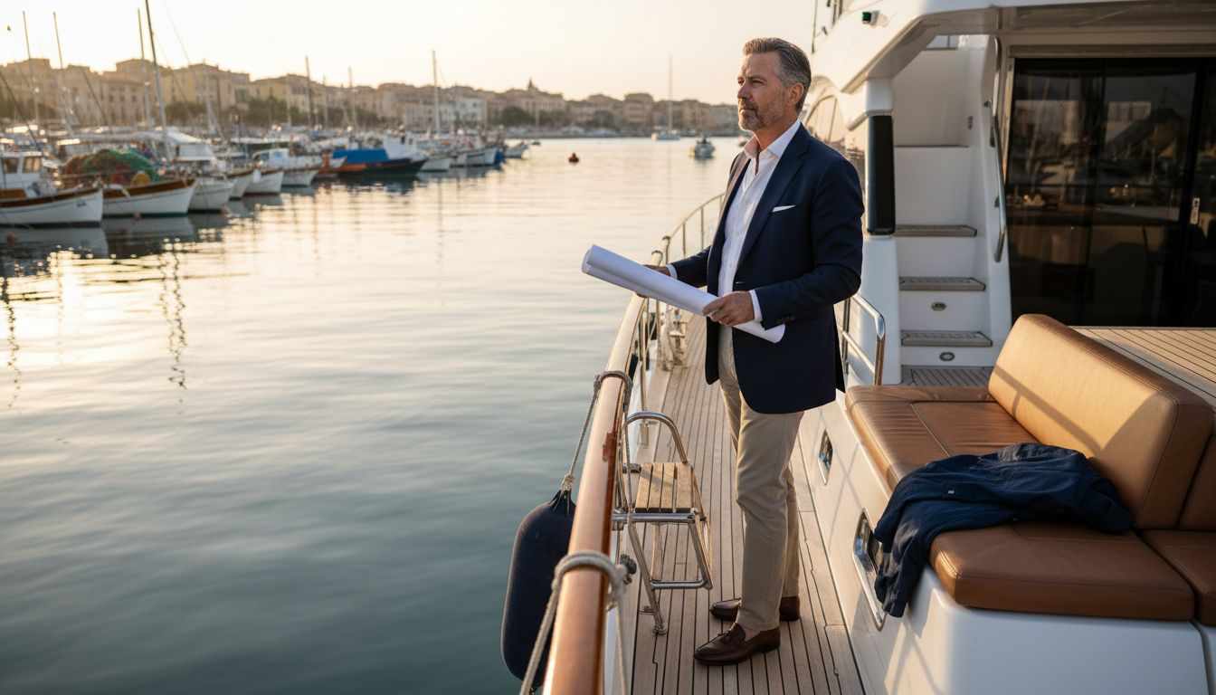 Yacht owner on luxury boat at marina