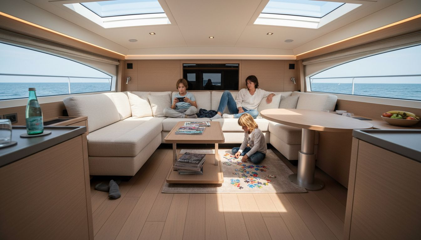 Family relaxing in adaptive yacht interior