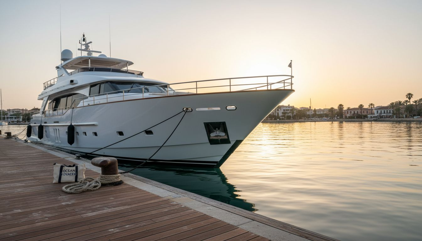 Superyacht in marina at sunrise with dock details